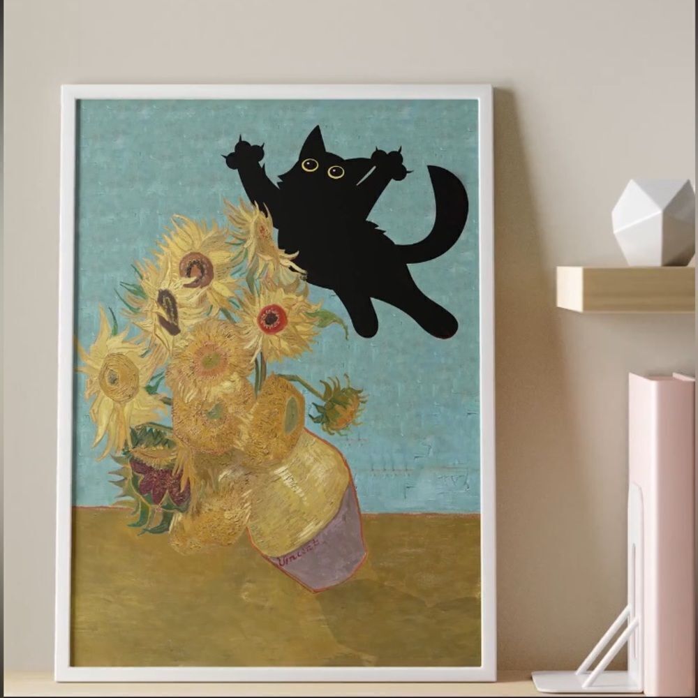 Van Gogh Black Cat Sunflowers Print